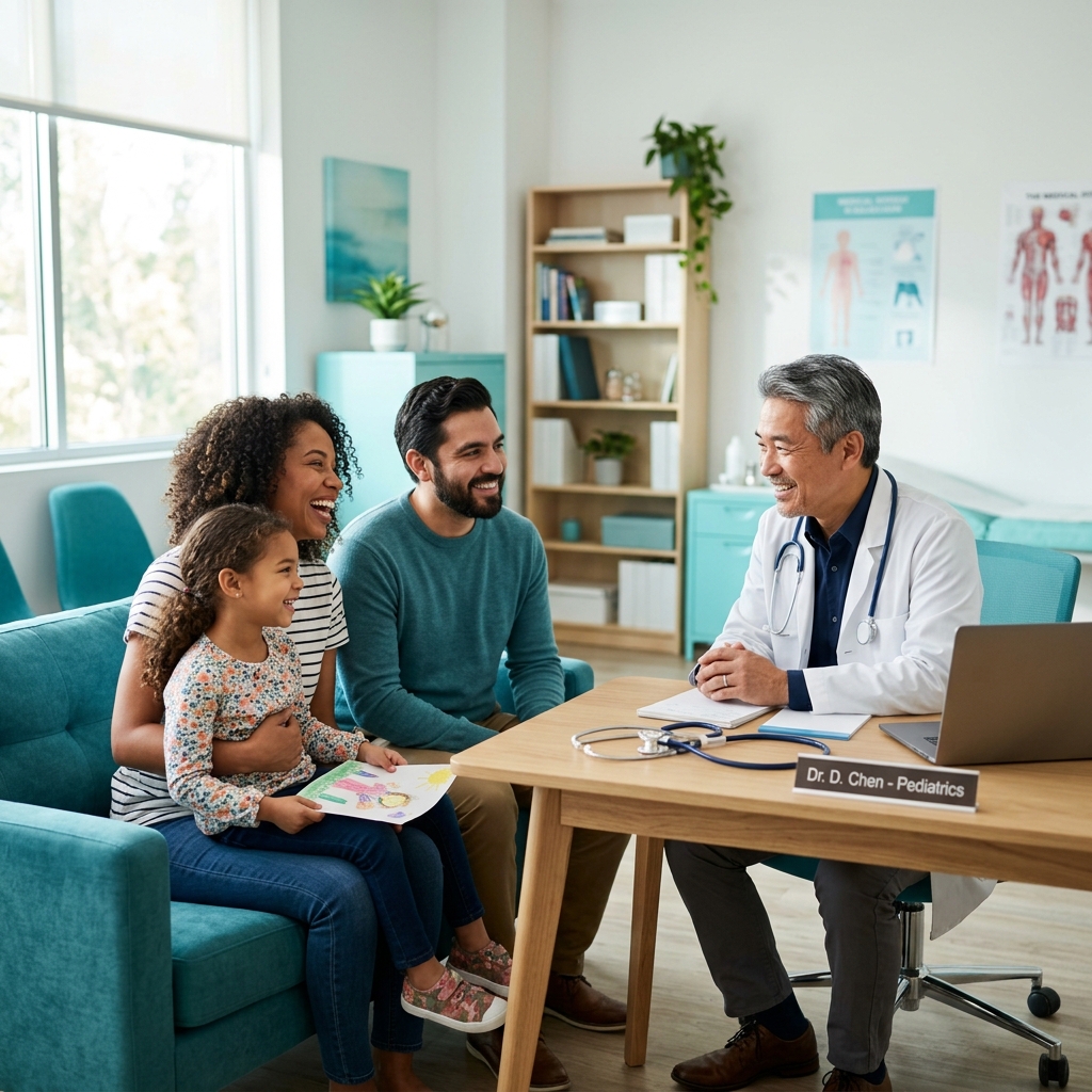 Família feliz com médico